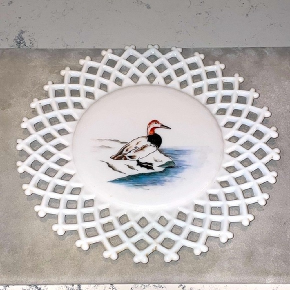 Milk Glass Westmoreland Large 12” Plate Lattice Edge Hand Painted Duck 1950’s